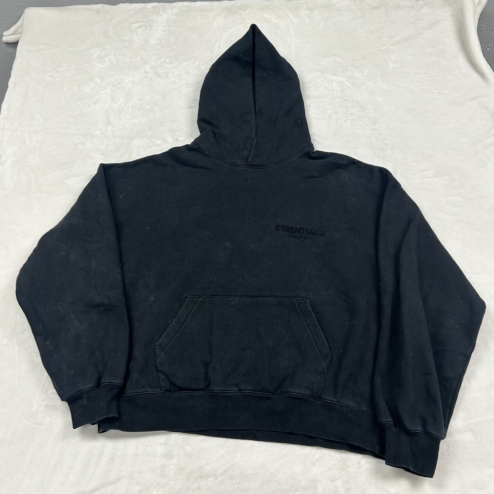 Fear of God Essentials Hoodie Unisex Small Black Flocked Logo Pullover Street